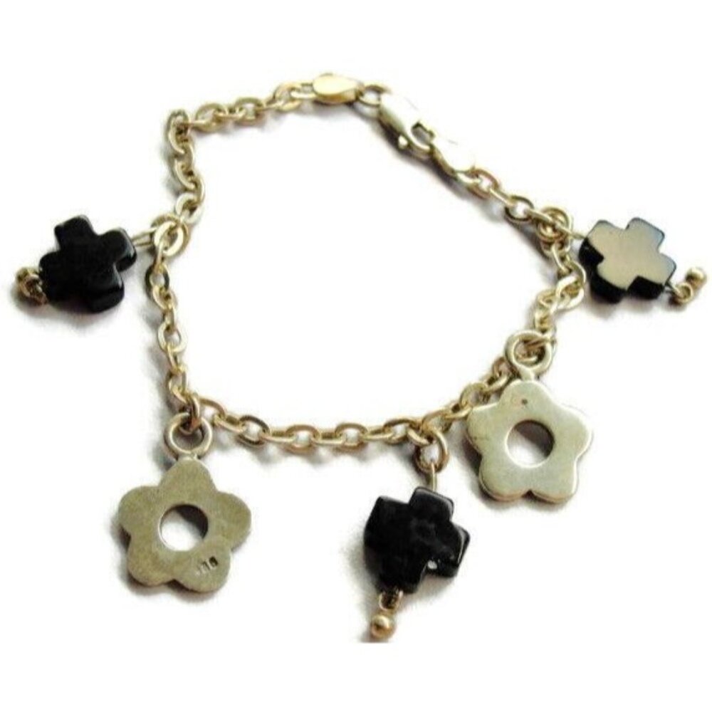 7" Black Cross Flower Charm Patina 14.85g MoMex Vintage Bracelet Sterling Silver